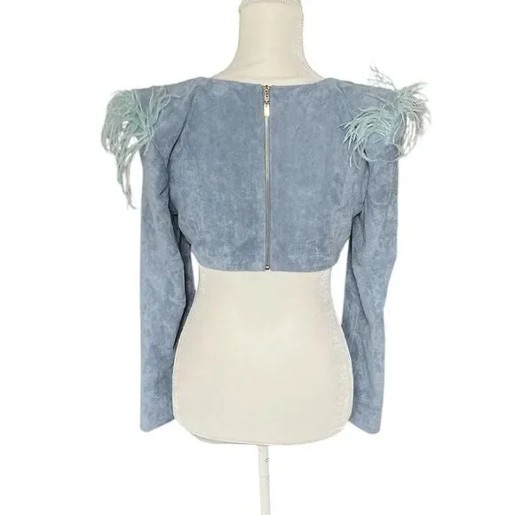 HANIFA Blue Faux Suede Cropped Top with Feathers Size Medium - Picture 2 of 5